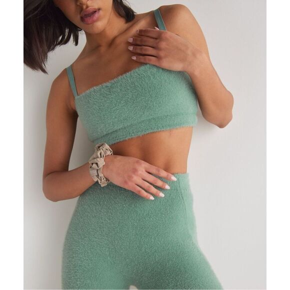 Gymshark x Whitney Simmons set green eyelash fuzzy knit bandeau top & shorts Set